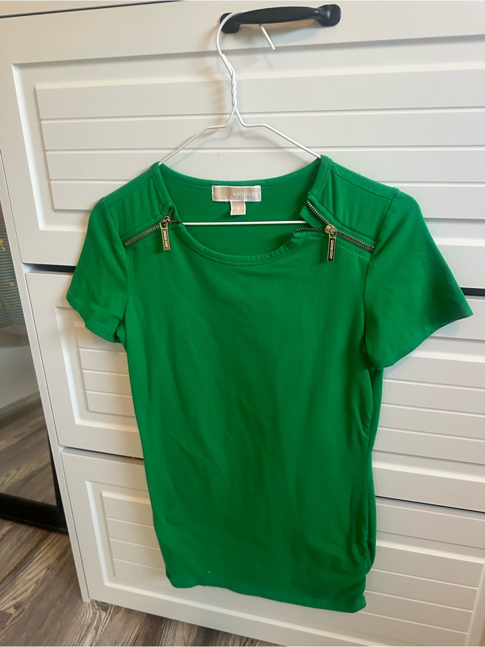 Michael Kors Emerald Green Short-Sleeve Top with Gold Zippers